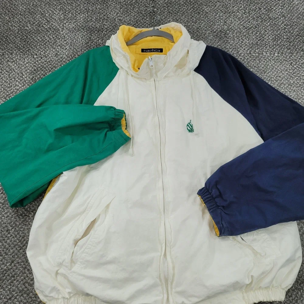 Nautica Vintage Colorblock Windbreaker Jacket Mens XL White Green Navy Yellow